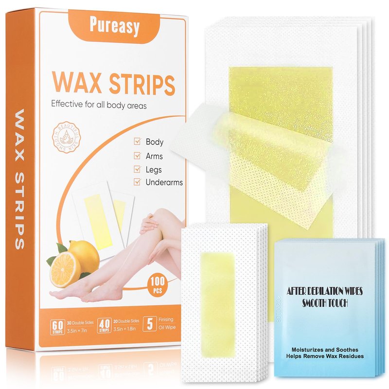 Pureasy Wax Strips for Hair Removal, 100 Count Face and Body Waxing Kit, 2 Sizes with 5 Oil Wipes for Eyebrow, Upper Lip, Legs, Underarms and Bikini