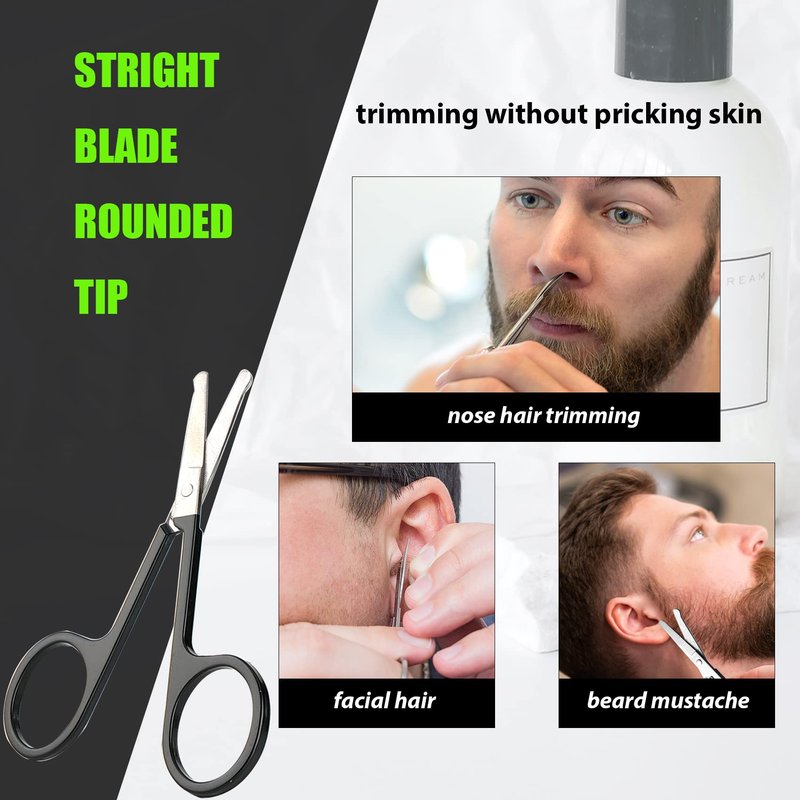 Facial Hair Small Grooming Scissors For Men Women - Eyebrow, Nose Hair, Mustache, Beard, Eyelashes, Ear Trimming Kit - Curved and Rounded Safety Tip Clippers For Hair Cutting- 2PCS Black