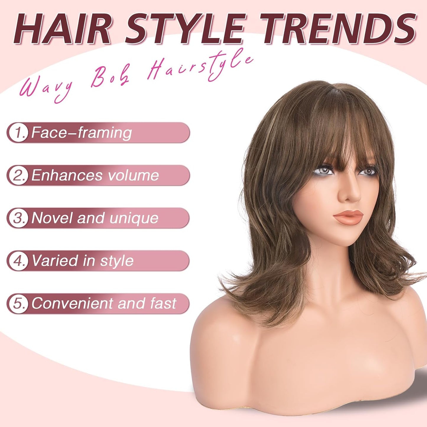 Brown Short Bob Wig with Bangs - Wavy Layered Shoulder Length | 14 Inch Synthetic Hair for Women
