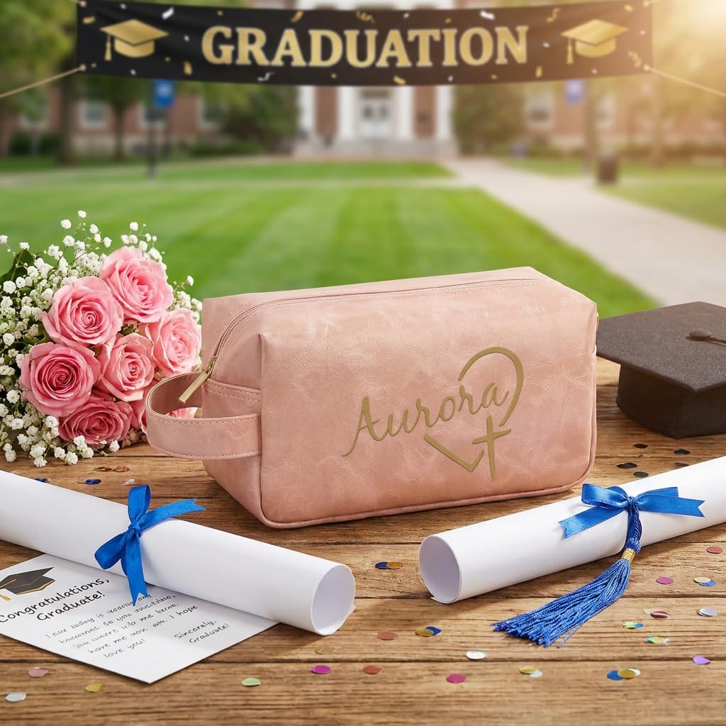 Motifool Personalized Toiletry Bag, Graduation Gifts, Custom Leather Shaving Bag, Travel Kit for Men Women, Father, Mother, Birthday, Anniversary, Engraved with Name, Waterproof (Pink)
