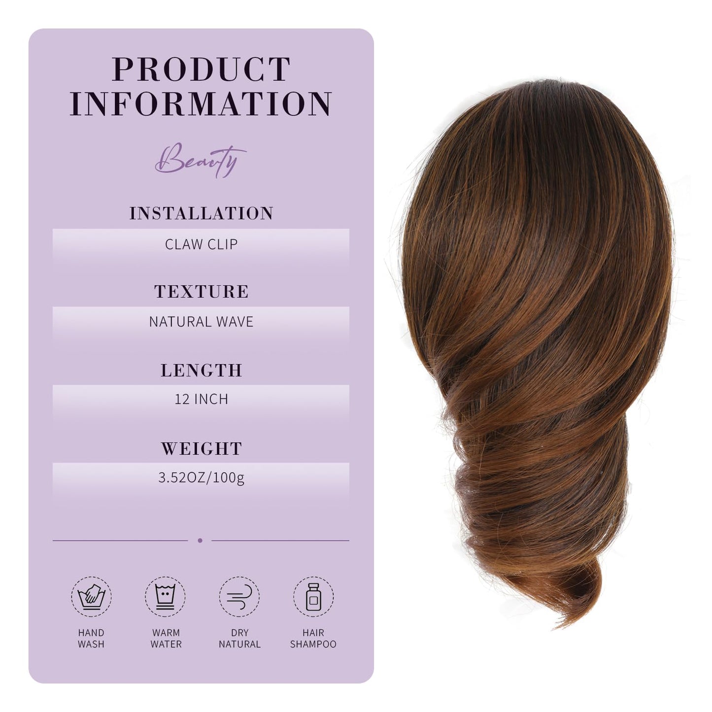 12 Inch Short Ponytail Extension - Curly Wavy Clip-In Hair Extensions | Synthetic Claw Clip - Copper Brown