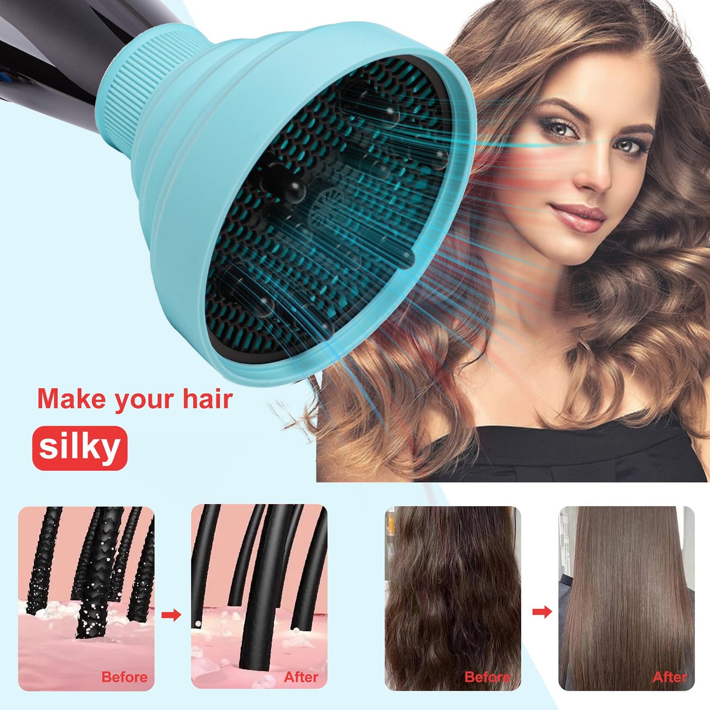 Collapsible Hair Dryer Diffuser Attachment - Portable & Foldable Hair Diffuser for Most Hair Dryers | Fits Nozzle Diameter 1.575-1.968 Inch - Blue
