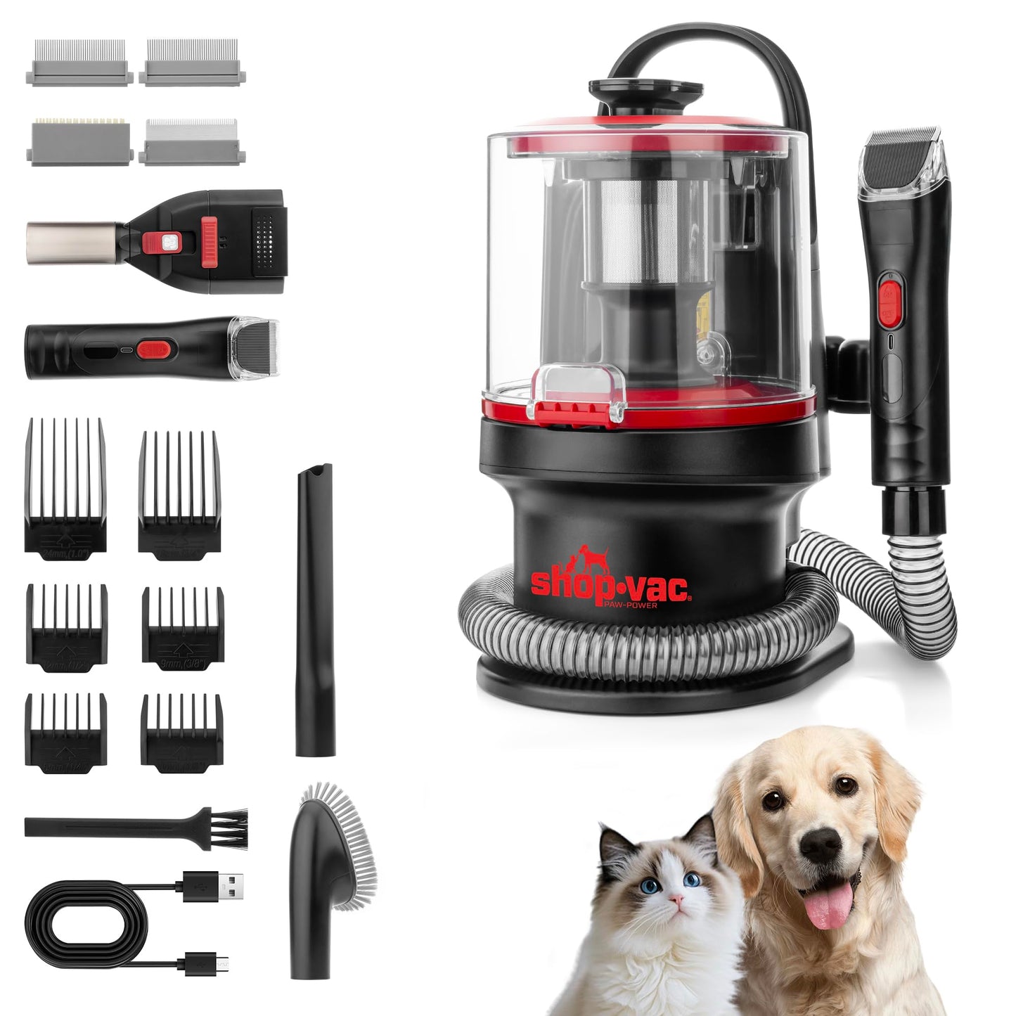 Shop-Vac 4-in-1 Dog Grooming Vacuum, Pet Grooming Vacuum for Shedding, Pet Grooming Kit for Dogs & Cats, Low Noise, 10000Pa Suction with 15 Accessories, 3.3L Dust Cup for Home Shedding & Trimming