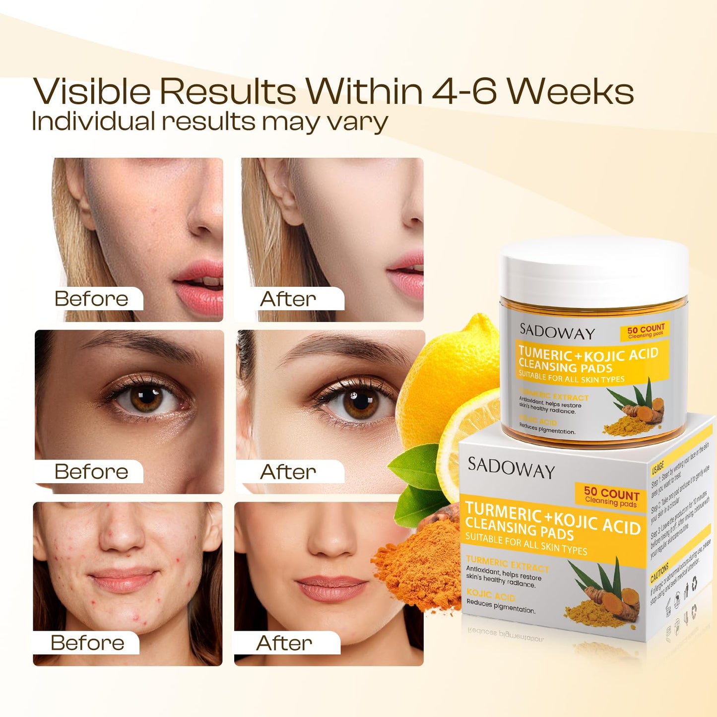 Turmeric Kojic Acid Cleansing Pads: 50PCS Turmeric Kojic Acid Pads Cleansing and Exfoliation Helps for Balance Skin Oil