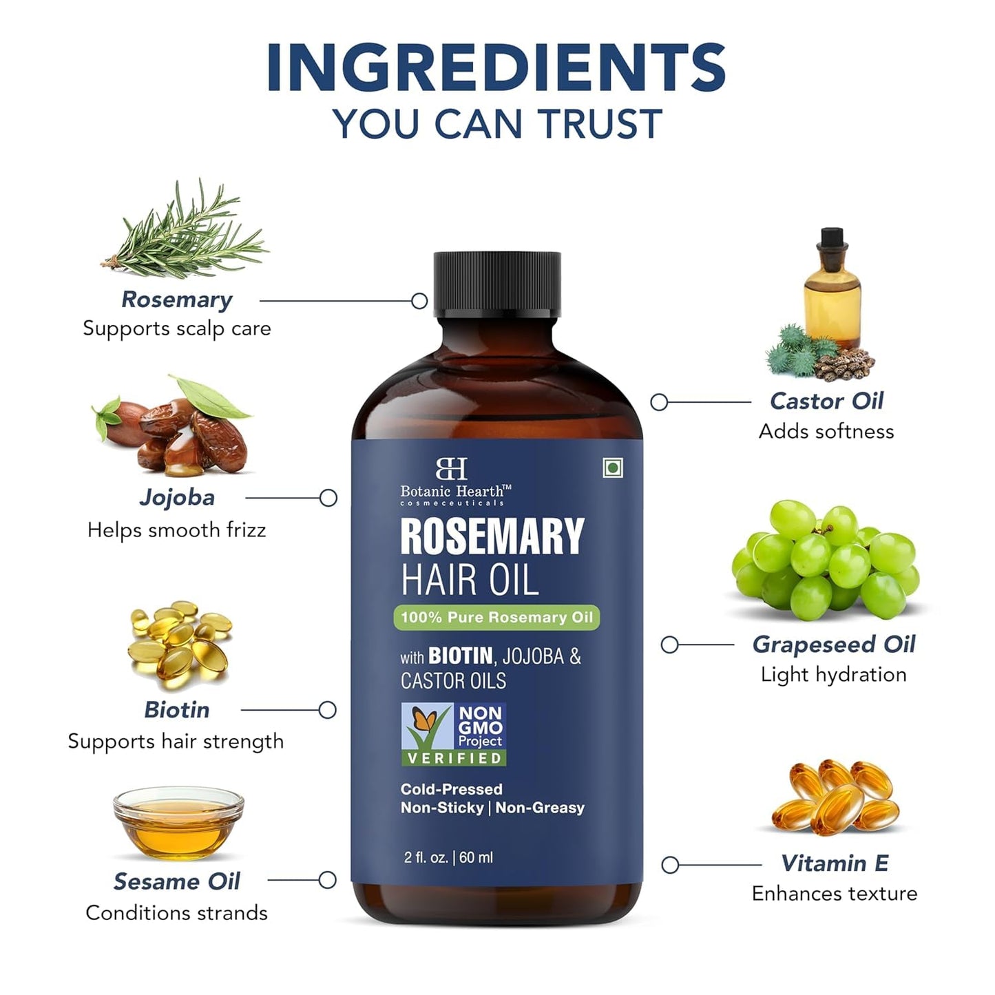 Rosemary Oil for Hair Growth - 100% Pure Biotin Infused Treatment | Nourishing & Volumizing | 2 fl oz, Blue