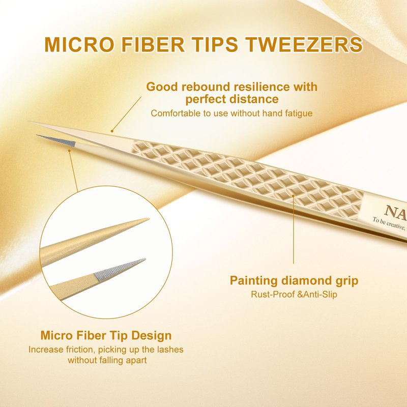 NAGARAKU Precision Fiber Tip Tweezer for Eyelash Extensions Diamond Grip Anti-Static Anti-Slip Premium Gold Stainless Steel Pointed Eyelashes Tweezers with Box(Straight Tip Classic Tweezer AG-03)