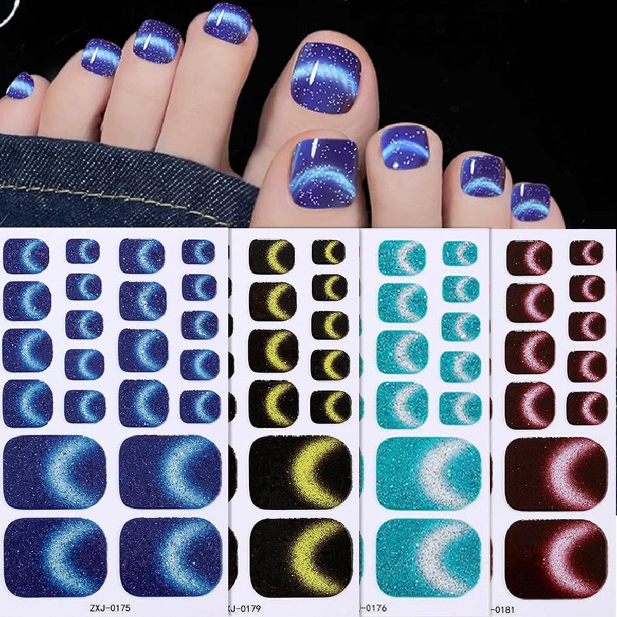 Toe Full Nail Wraps Gel Nail Stickers Solid Gradient Glitter Nail Full Wrap Full Cover Nail Polish Strips 6PCS Smile French Line Self-Adhesive Toe Nail Decals for Women Manicure Nail Art Decorations