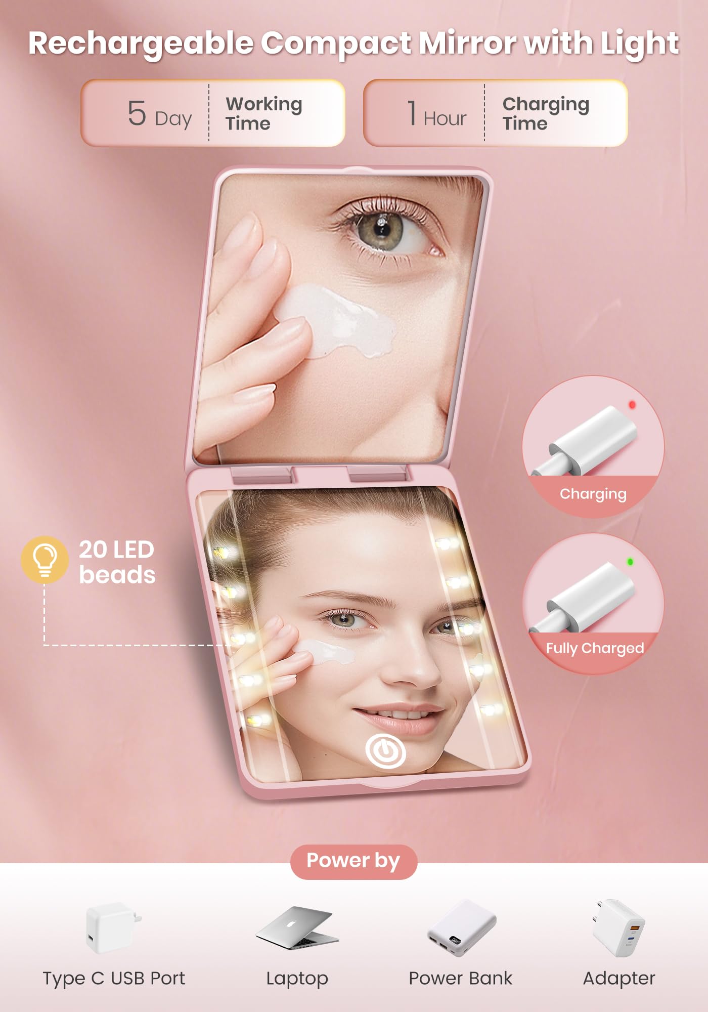 SisKokoro Compact Mirror, Rechargeable 30X Magnifying Mirror with 3 Lighting Modes & Dimmable Brightness, Portable Travel Makeup Mirror with Light, Essentials for Travel, Pocket, Purse Pink