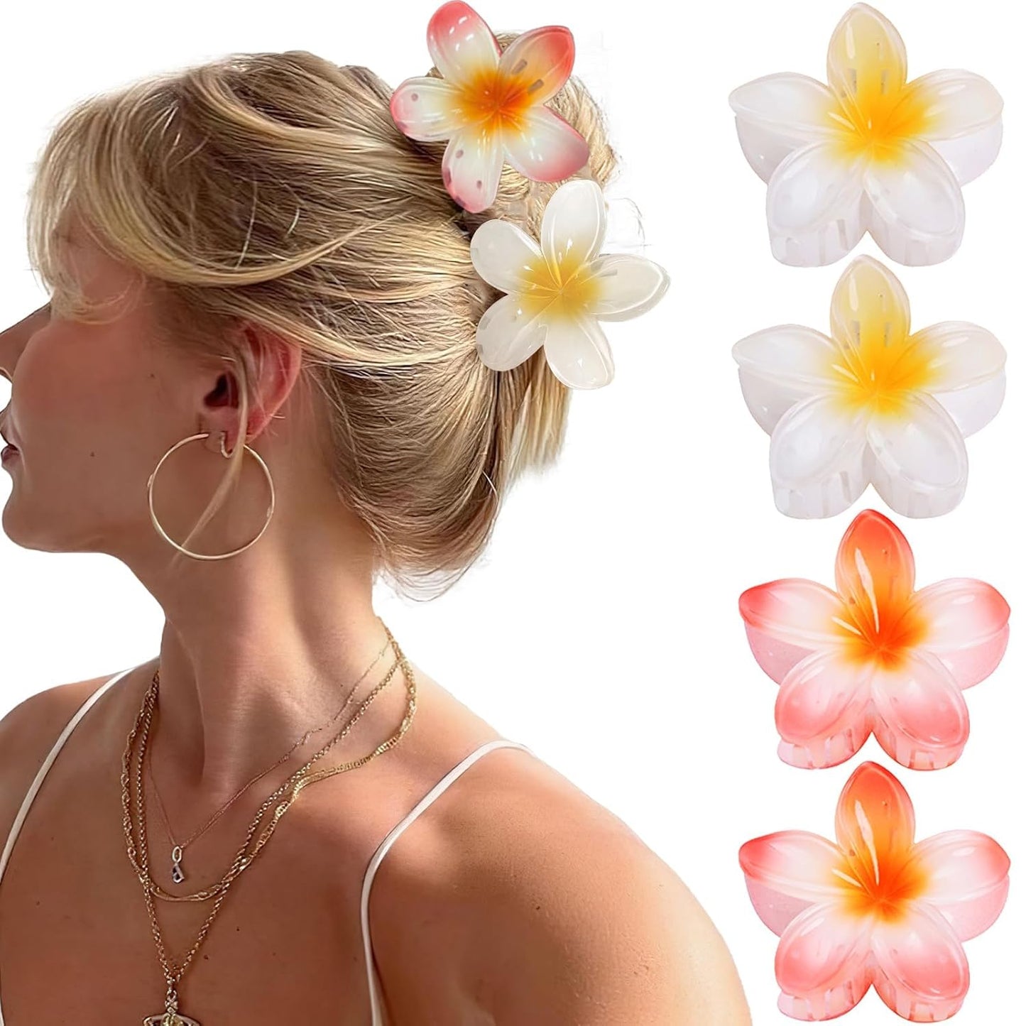Flower Hair Claw Clips - 4PCS Strong Hold Nonslip Large Clips for Thick Hair | Cute Hawaiian Hair Accessories for Women & Girls