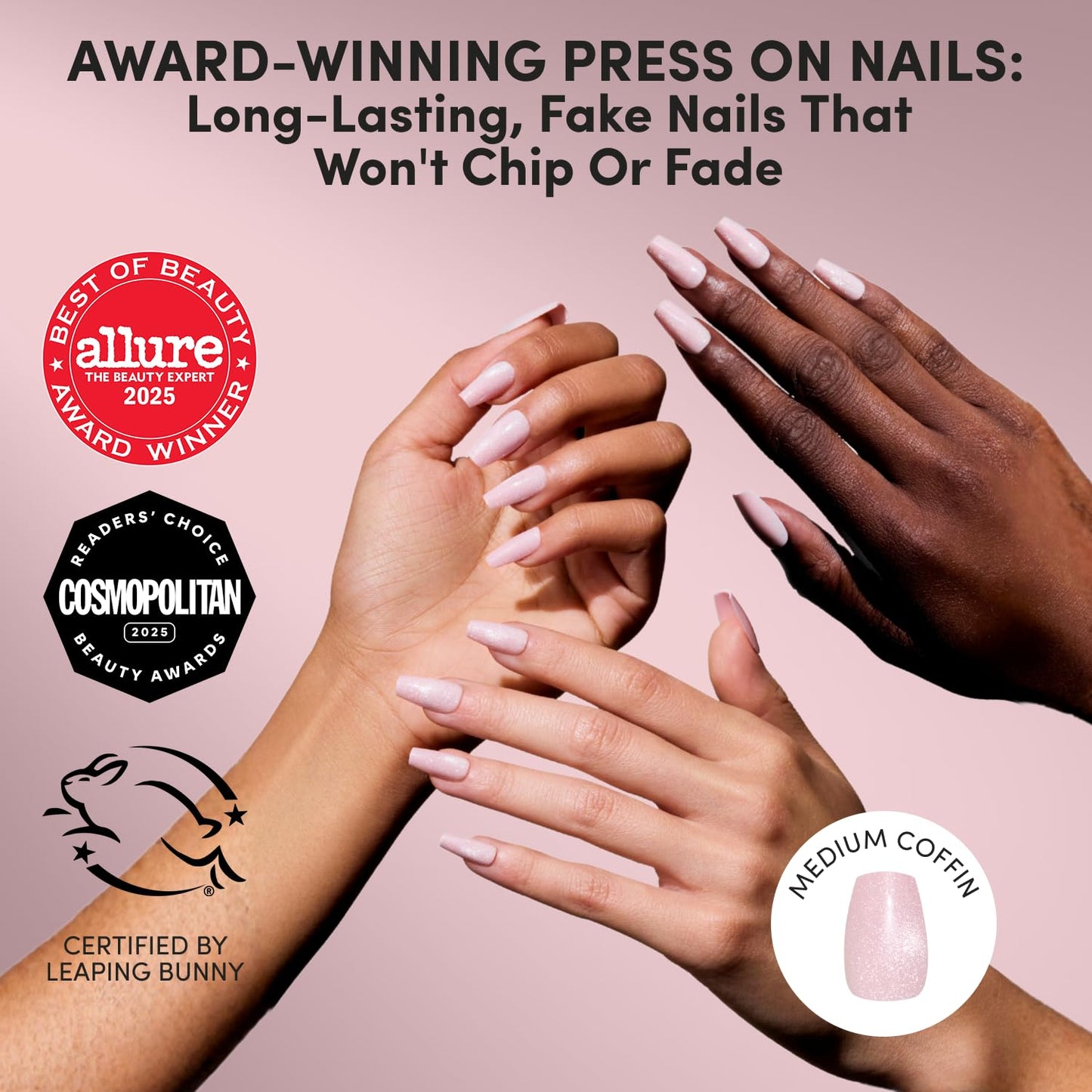 Glamnetic Press On Nails - Medium Coffin Fake Nails | Velvet Pink Shimmer Press On Nails, Salon Quality Kit with Glue | Pink Secret - 30 Nail Set in 15 Sizes