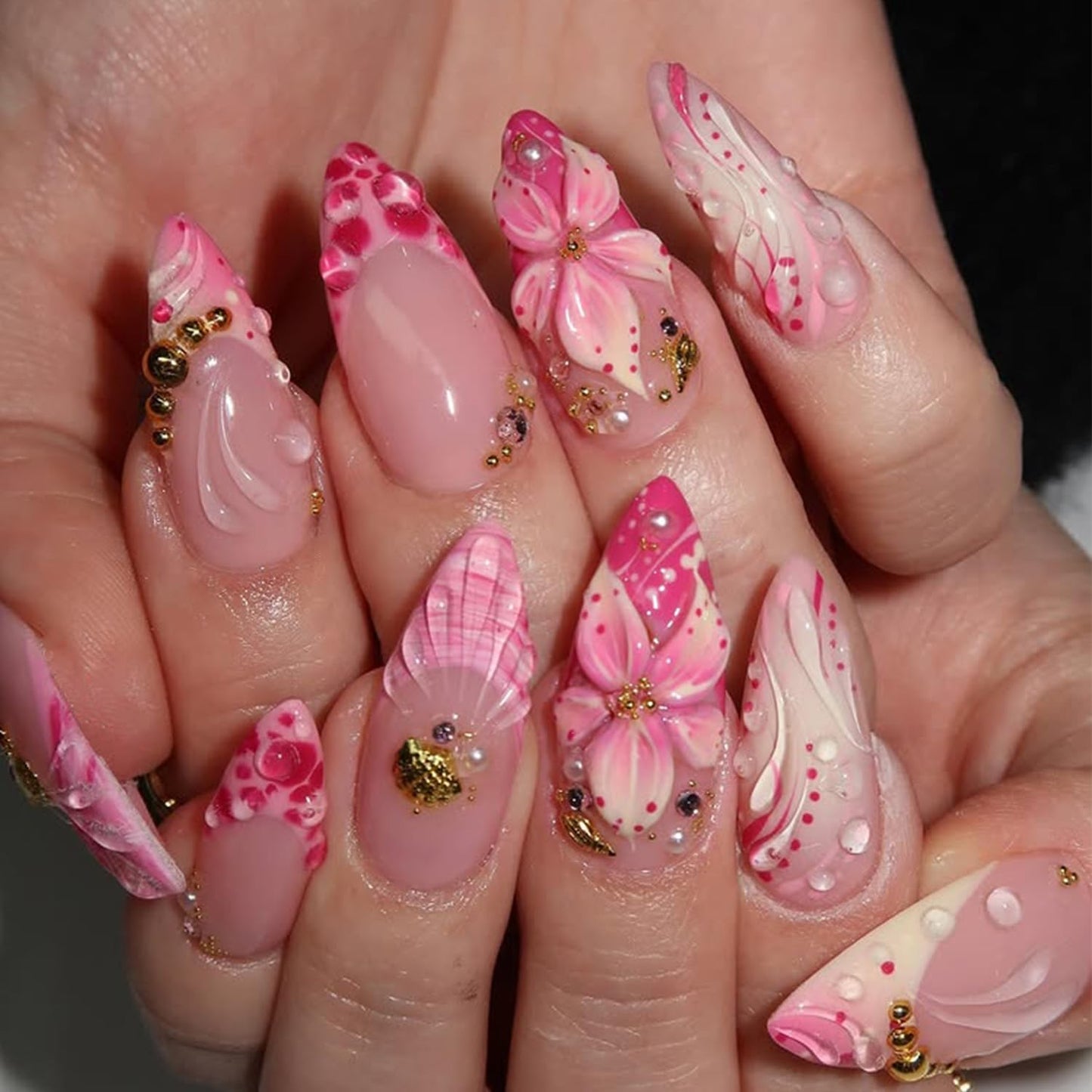 Press-On Nails - 30 Pcs Medium Almond Floral Design with 3D Butterflies & Rhinestones | Blue French Tip