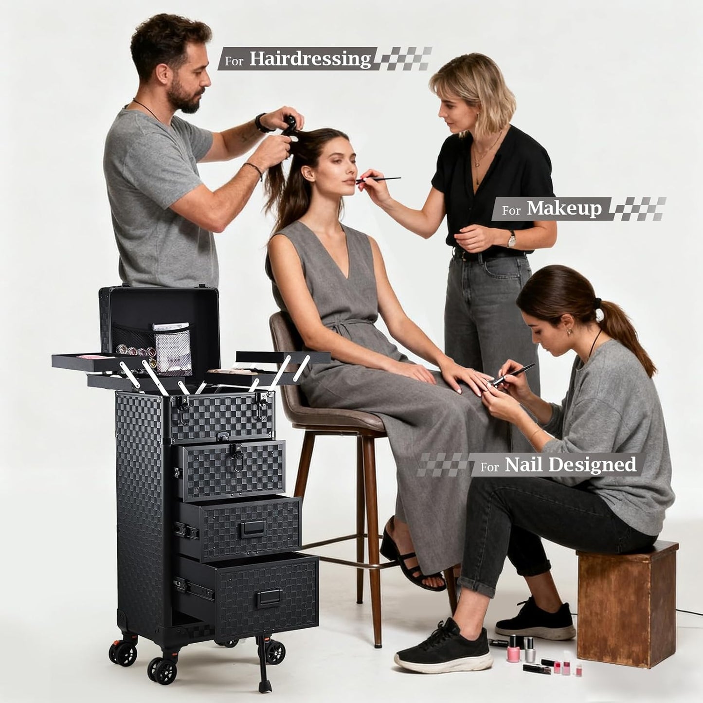 Rolling Makeup Case on Wheels - 4-in-1 Cosmetology Organizer with 3 Drawers & Foot Stand | Ideal for Artists & Salons