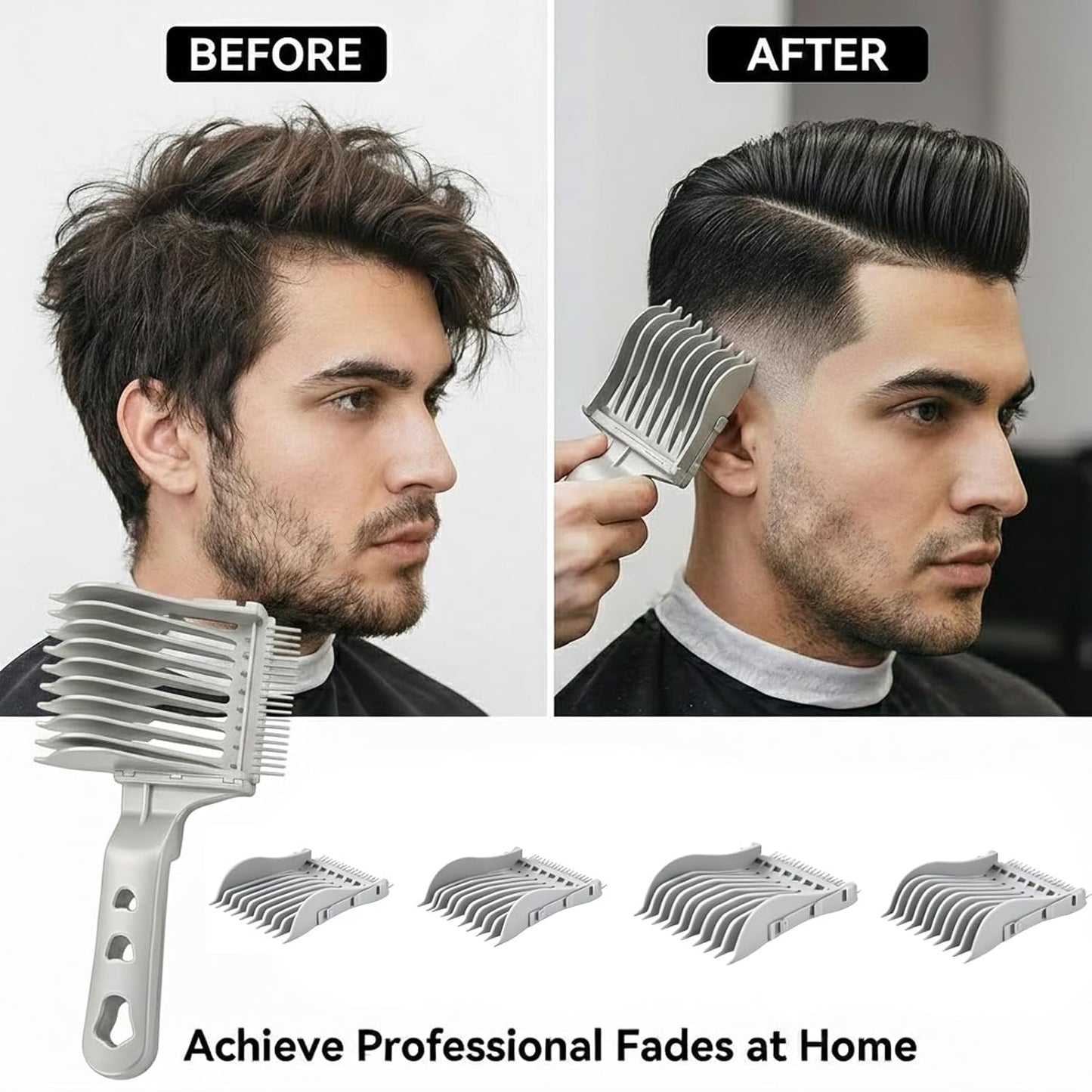 Professional Barber Fade Comb Set - Ergonomic Hair Cutting Tool with 4 Interchangeable Heads | Smooth Blending & Long Handle