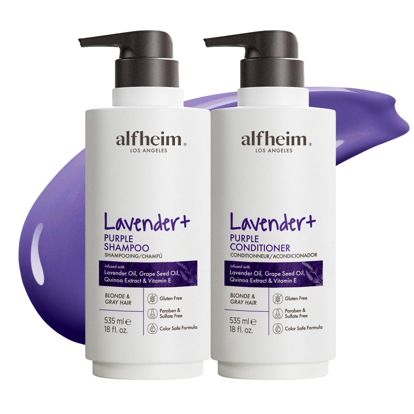 ALFHEIM Lavender+ Purple Shampoo & Conditioner Set for Blonde, Silver & Color-Treated Hair – Deeply Hydrates & Restores Cool Radiance – with Quinoa Extract & Vitamin E – Sulfate Free – 18 oz × 2