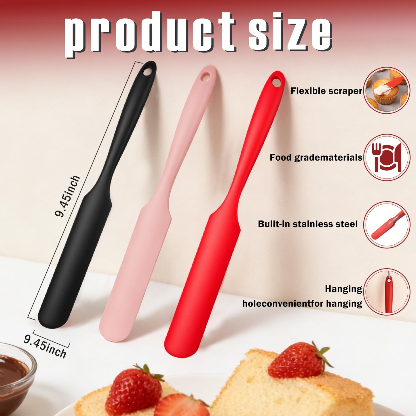 Silicone Jar Spatula,Long Handle Sourdough Spatula,Small Silicone Spatulas Bulk for Scraping Jars Butter Kitchen Baking Mixing Cake (Black, Red, Pink)