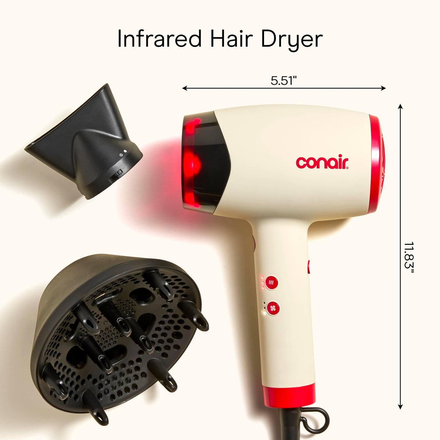 Conair InfinitiPRO Infrared Hair Dryer with Dual Ionic Conditioning, Includes Diffuser & Concentrator, Fast Drying Blow Dryer for Frizz Reduction, 3 Heat/Speed Settings, White, 1999