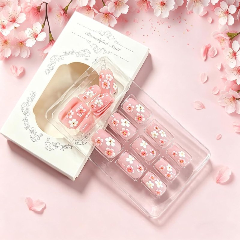 Flower Press On Nails - Cherry Blossom Design Glossy Pink Acrylic | 24 Medium Square Fake Nails for Spring & Summer