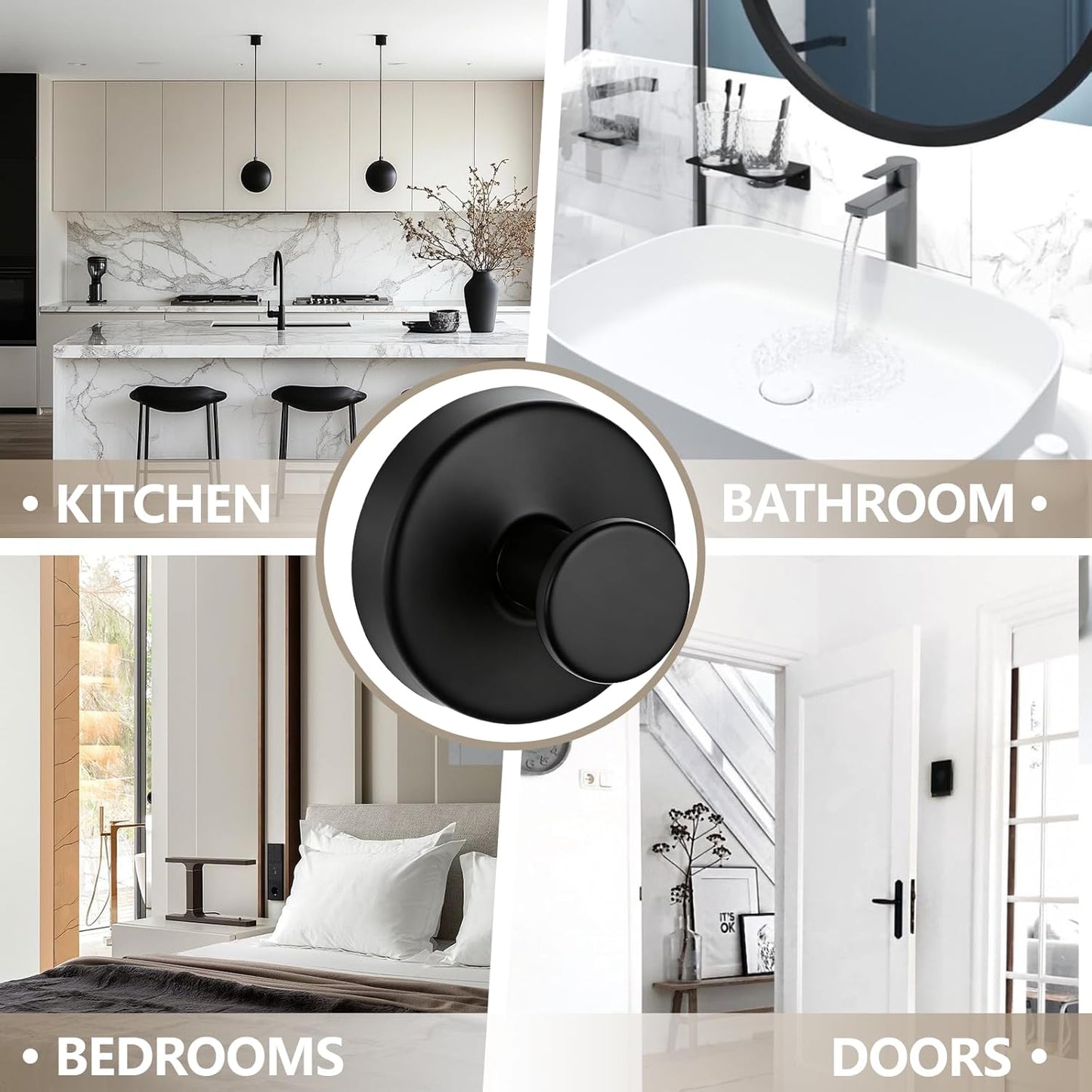 Upgraded Drill-Free Suction Cup Hooks - Stainless Steel Bathroom & Kitchen Towel Hangers | 4 Pack (Black)