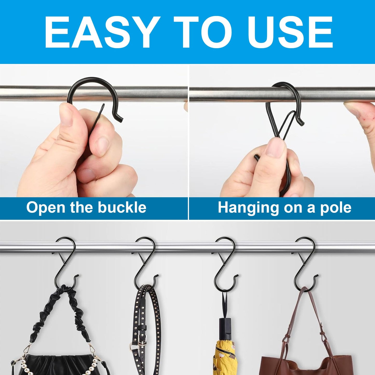 6Pcs S Hooks for Hanging Heavy Duty, 3.5-inch Heavy Duty Metal S Hook, 0.5-inch Safety Buckle, Hanging Plants, Kitchen Utensil, Pot, Pan, Bags