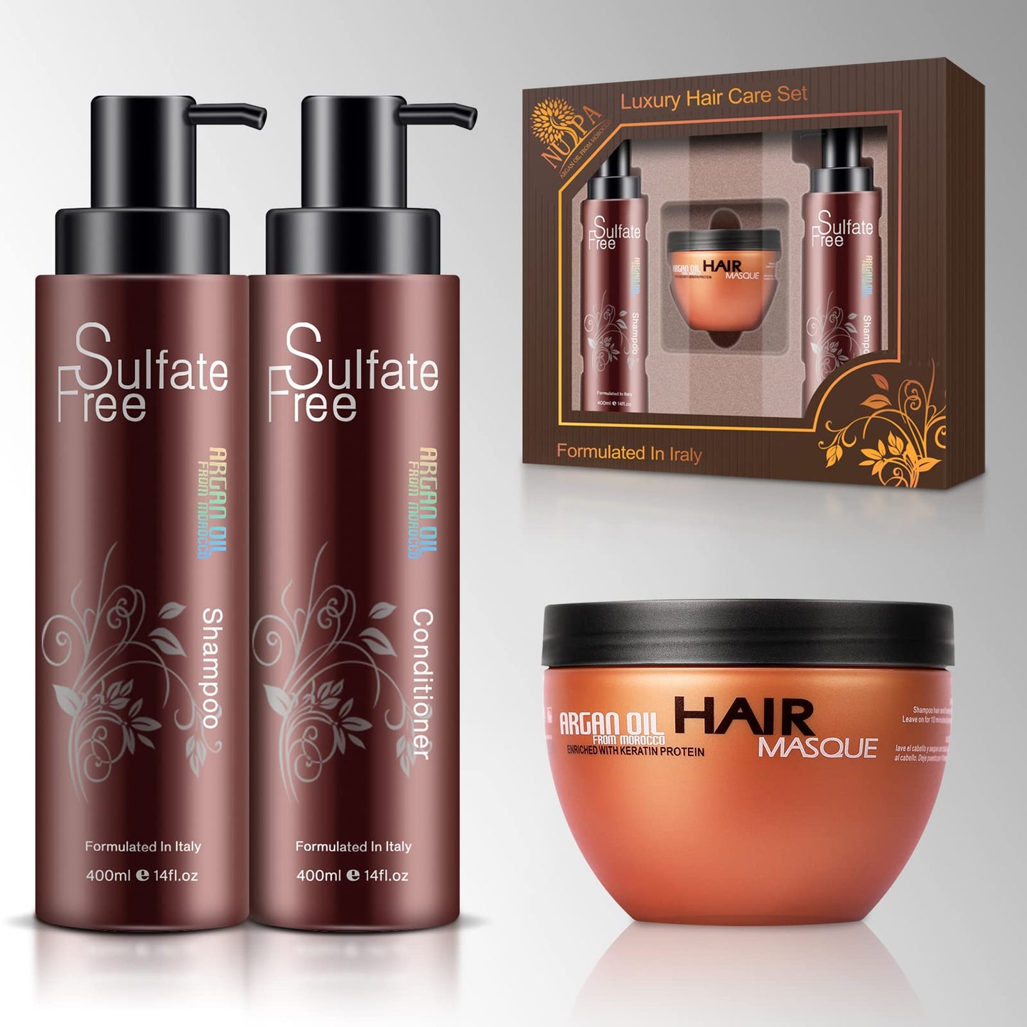 Nuspa Moroccan Argan Oil Hair Care Set - Sulfate Free for Damaged, Dry, Frizzy, Color Safe, Keratin Treated Hair with Long Lasting Shine