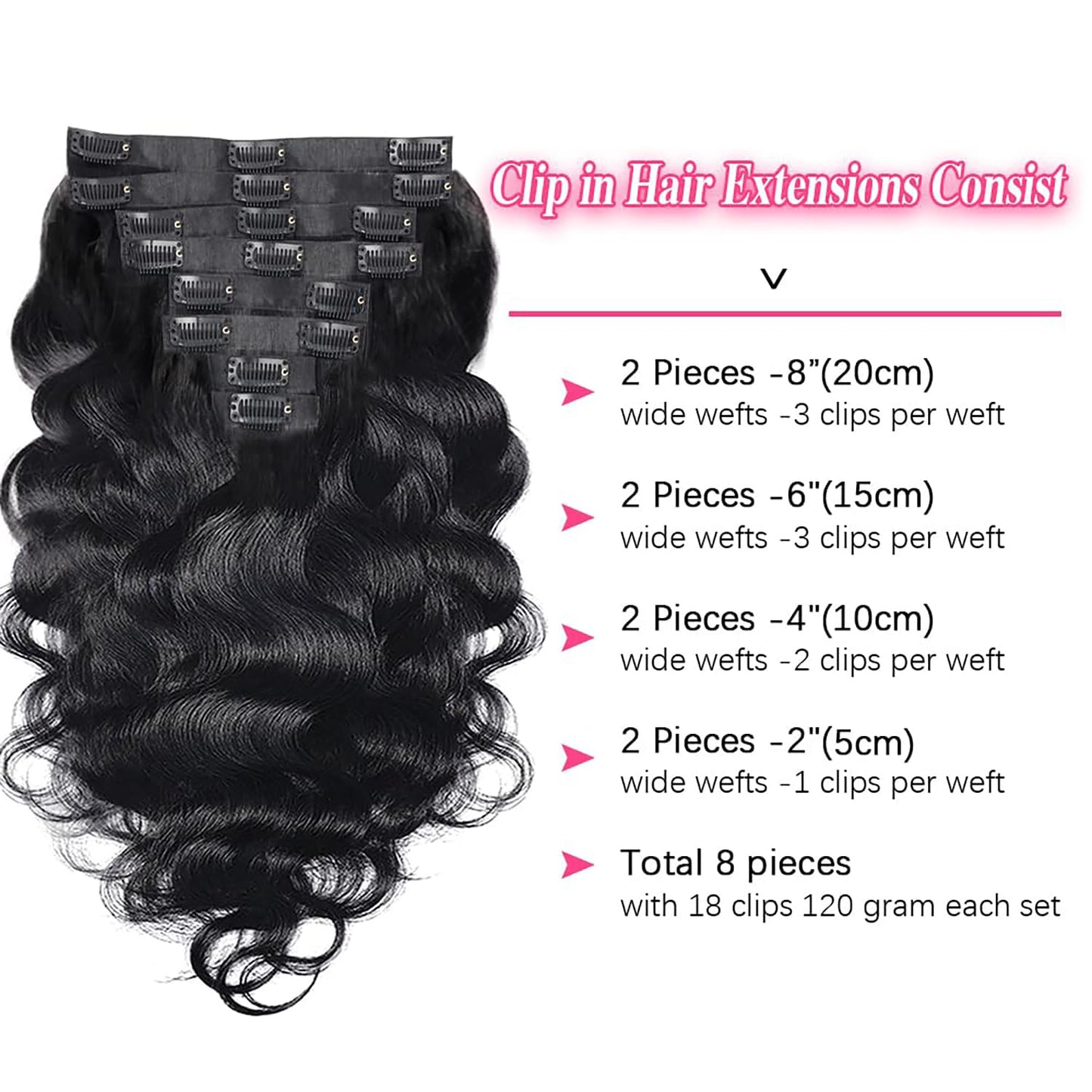 Seamless Body Wave Clip Ins PU Weft Clip In Hair Extensions Real Human Hair Clip Ins 16 Inch 100% Unprocessed Human Hair Extensions 8pcs/set 120g