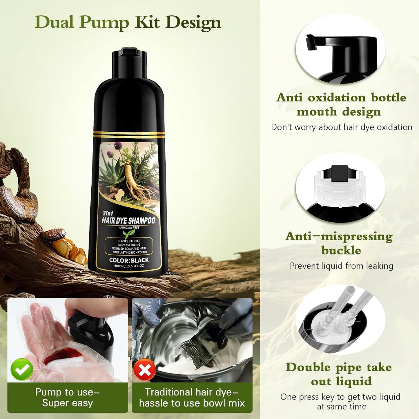 Black Hair Dye Shampoo - 100% Gray Coverage | Natural Herbal Formula for Men & Women