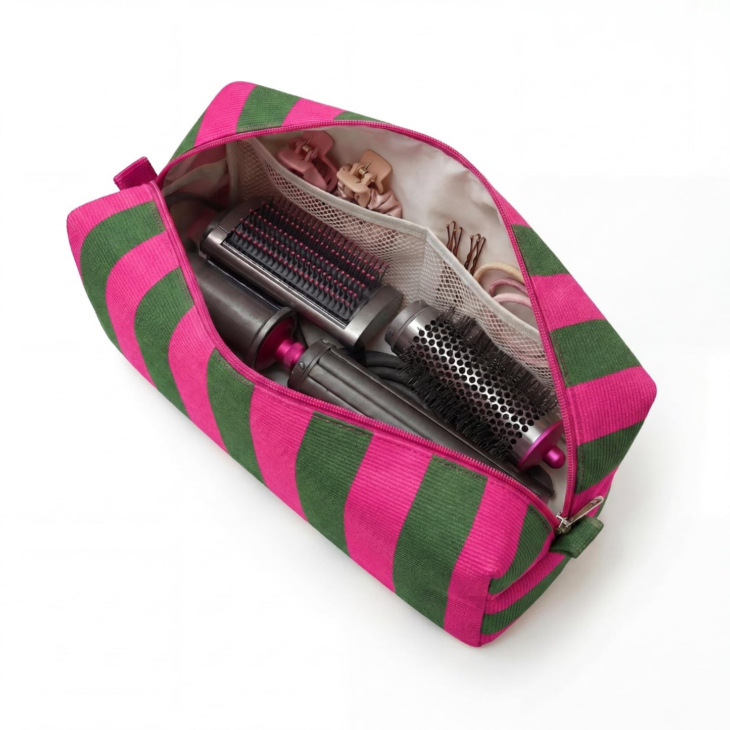 RSRSLEII Striped Hair Tools Travel Bag，Corduroy Hair Dryer Bag, Flat Iron Curling Iron Bag, Aesthetic Foldable Travel Organizer (03Rose Red&Green)