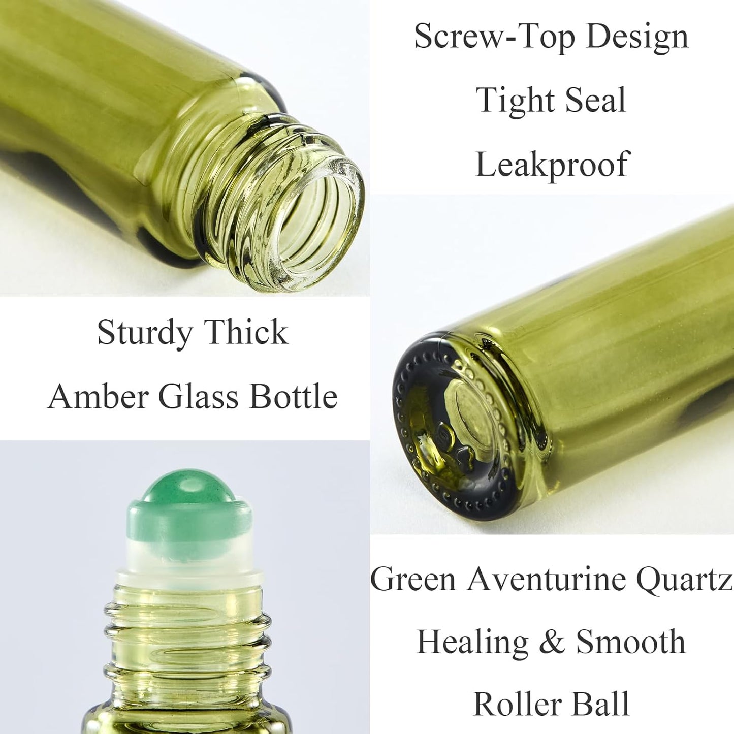 Green Aventurine Quartz Roller Bottles - 10ml Amber Glass Essential Oil Rollers | Leak-Proof Travel Size (Olive Green)