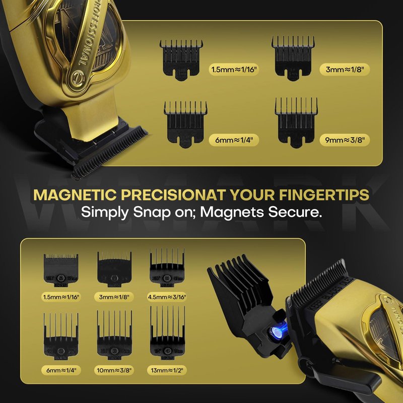 WMARK Hair Clippers for Men Professional Barber Clippers and Trimmers Set Cordless Hair Clippers for Hair Cutting, High Speed, Rechargeable, Powder Metallurgy DLC Ceramic Fade NG-8613 KIT (Gold)
