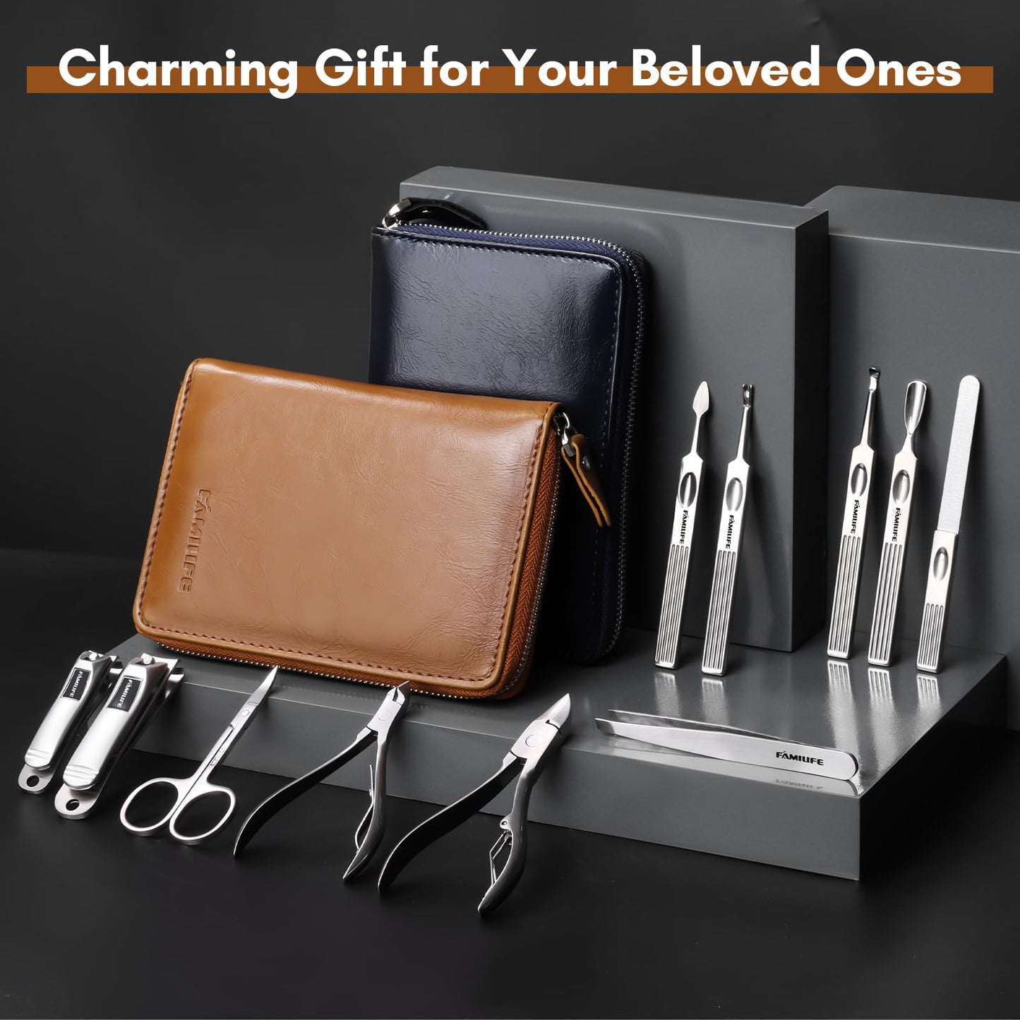 FAMILIFE Manicure Set, 11 in 1 Professional Manicure Kit Nail Clippers Set, Stainless Steel Pedicure Tools Toe Nail Kit, Men Grooming Tool with Portable Brown Leather Travel Case Gifts for Men Women