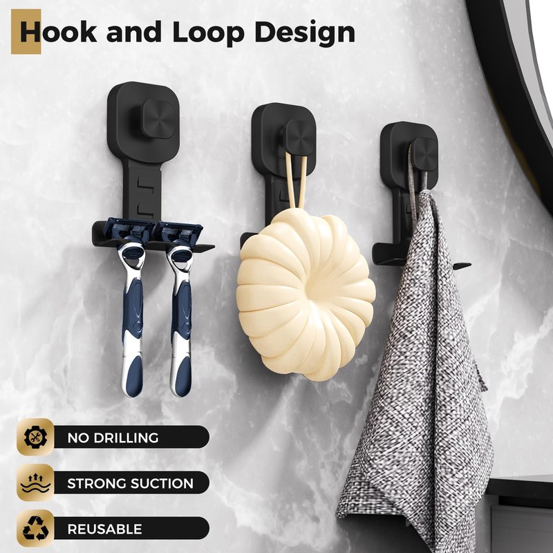 BKV Suction Cup Razor Holder for Shower,Reusable Shaver Holder for Shower,Stainless Steel Bathroom Suction Hooks for Towel,Loofah,Shaver,Damage Free Install & Remove-Black(2 Pack)