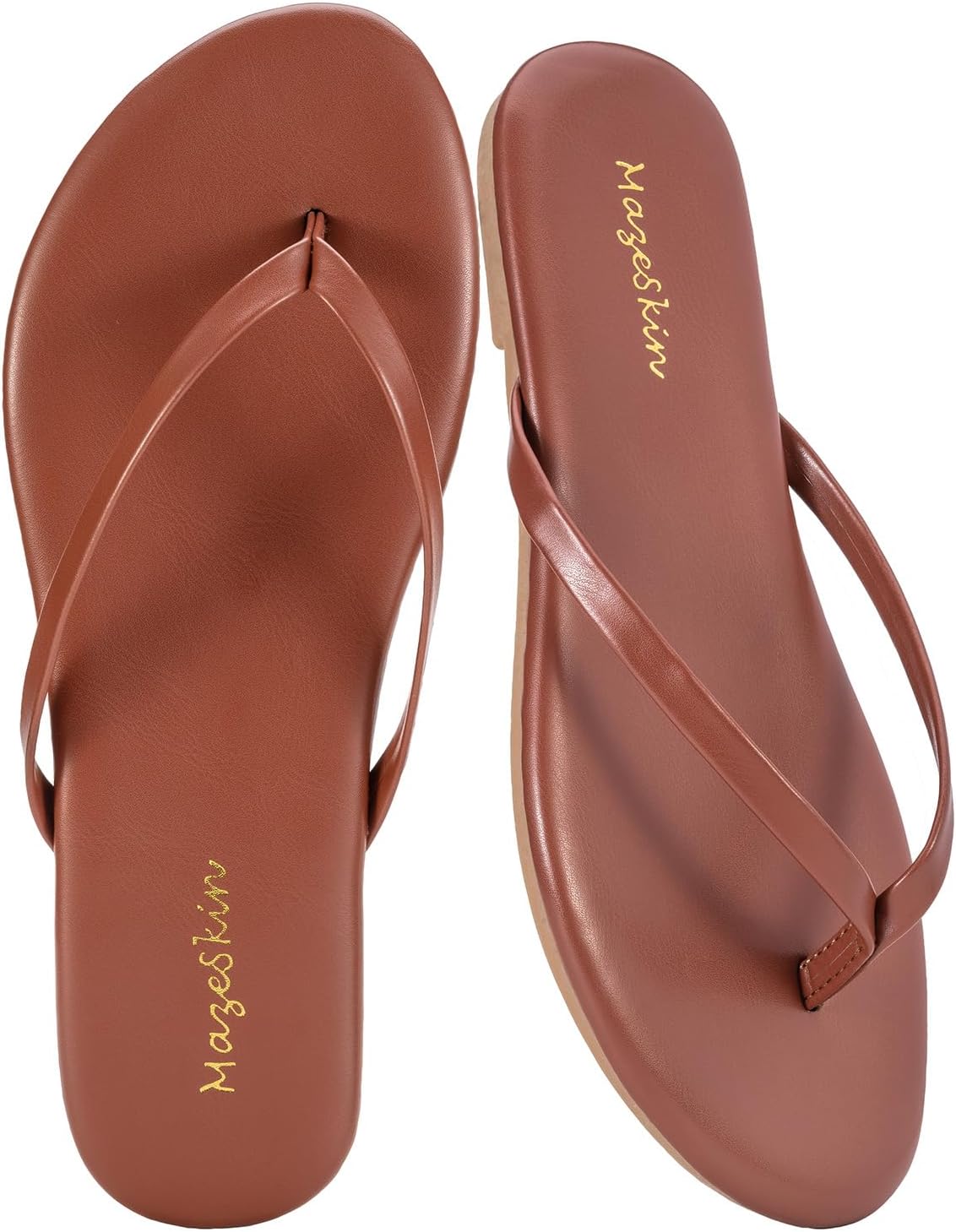 Mazeskin Women's Memory Foam Flat Thong Sandals - Comfortable Leather Slide Flip Flops for Summer Beach
