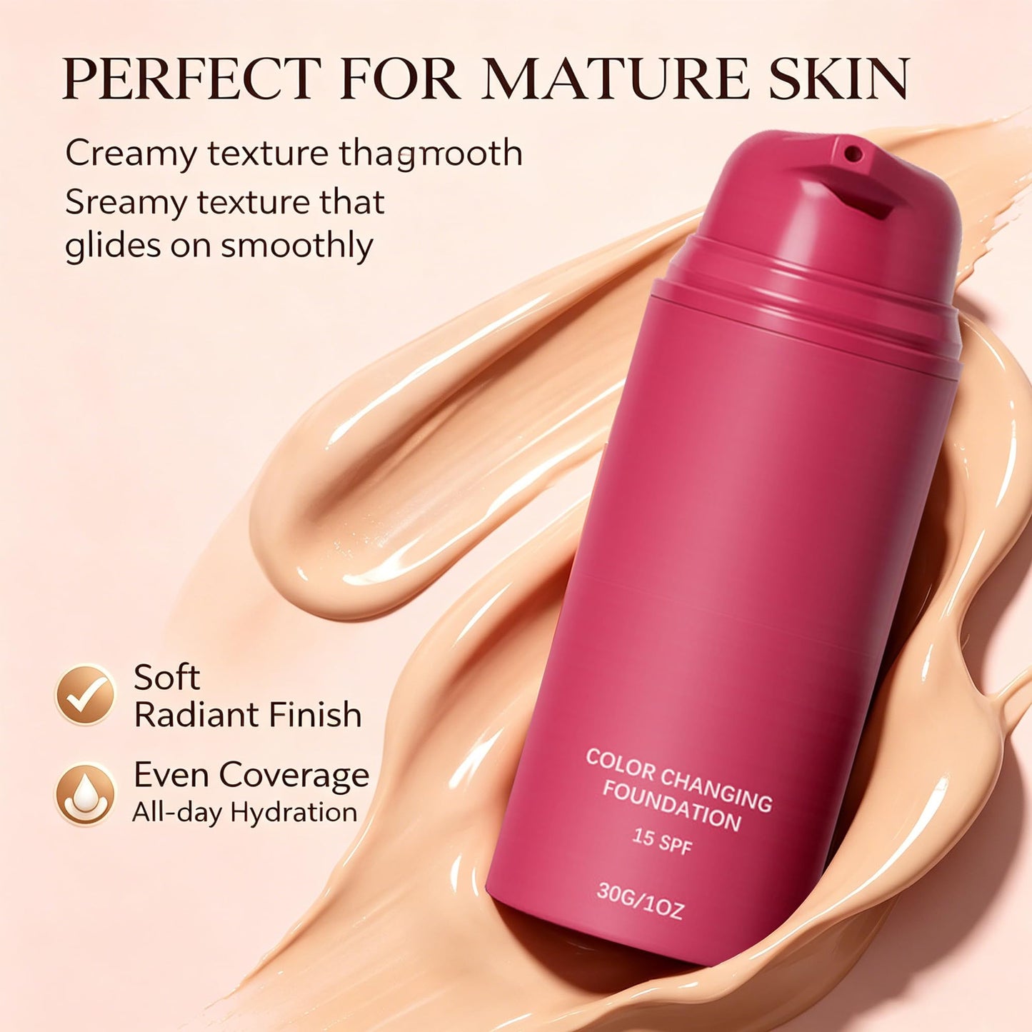 Color Changing Foundation for Mature Skin, Hydrating Liquid Makeup Instantly Adapts to Your Skin Tone, Buildable Coverage with Natural Dewy Finish