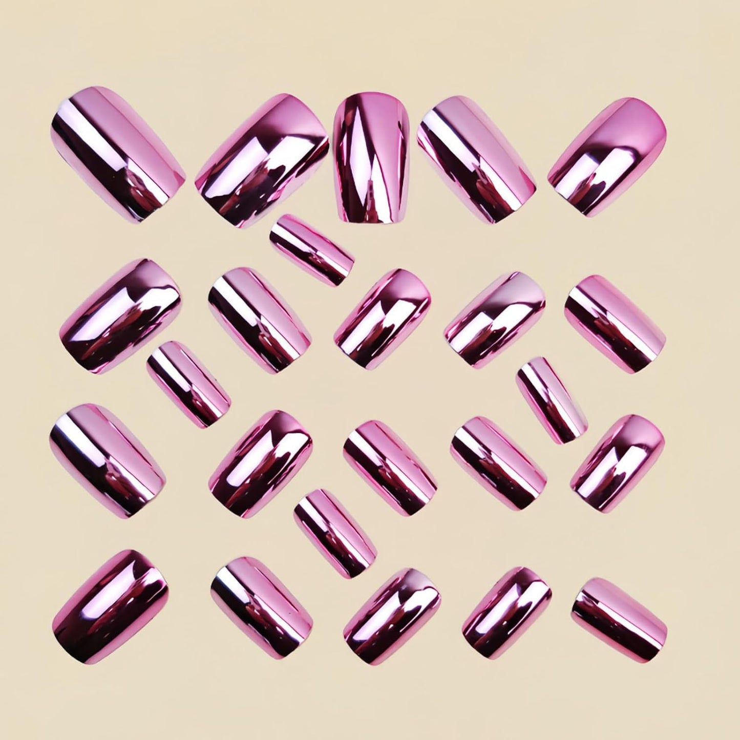 Press On Nails - Medium Length Pink Chrome Square Full Cover | 24 Pcs Sparkly Artificial Nails for Women