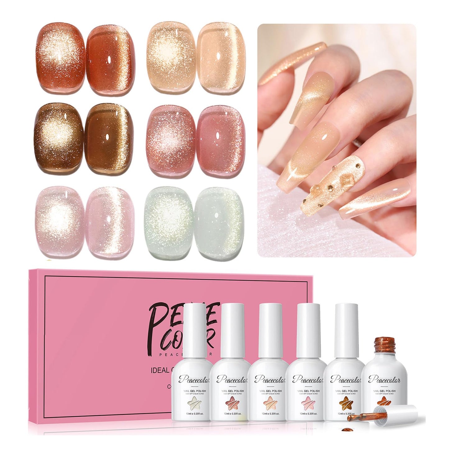 PEACECOLOR Brown Cat Eye Gel Nail Polish Set, 6pcs10ML Brown Red Milky Pink Nude Fall Jelly Gel Manicure Kit Nail Art DIY at Home Gifts for Women