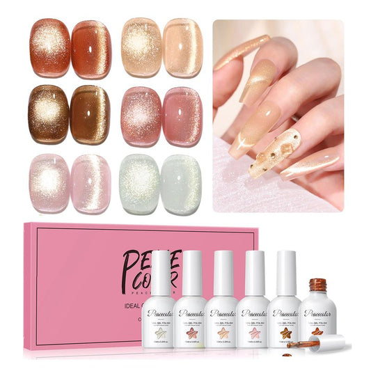 PEACECOLOR Brown Cat Eye Gel Nail Polish Set, 6pcs10ML Brown Red Milky Pink Nude Fall Jelly Gel Manicure Kit Nail Art DIY at Home Gifts for Women