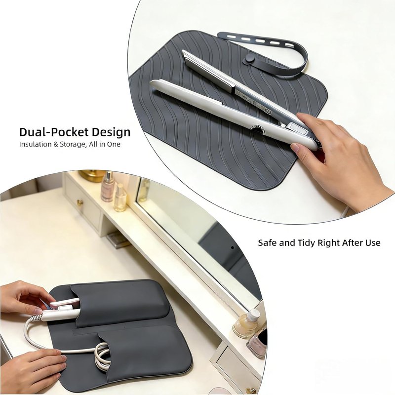 Silicone Heat Resistant Mat Pouch - 2 in 1 Portable Travel Bag for Curling Iron & Hair Tools | Black