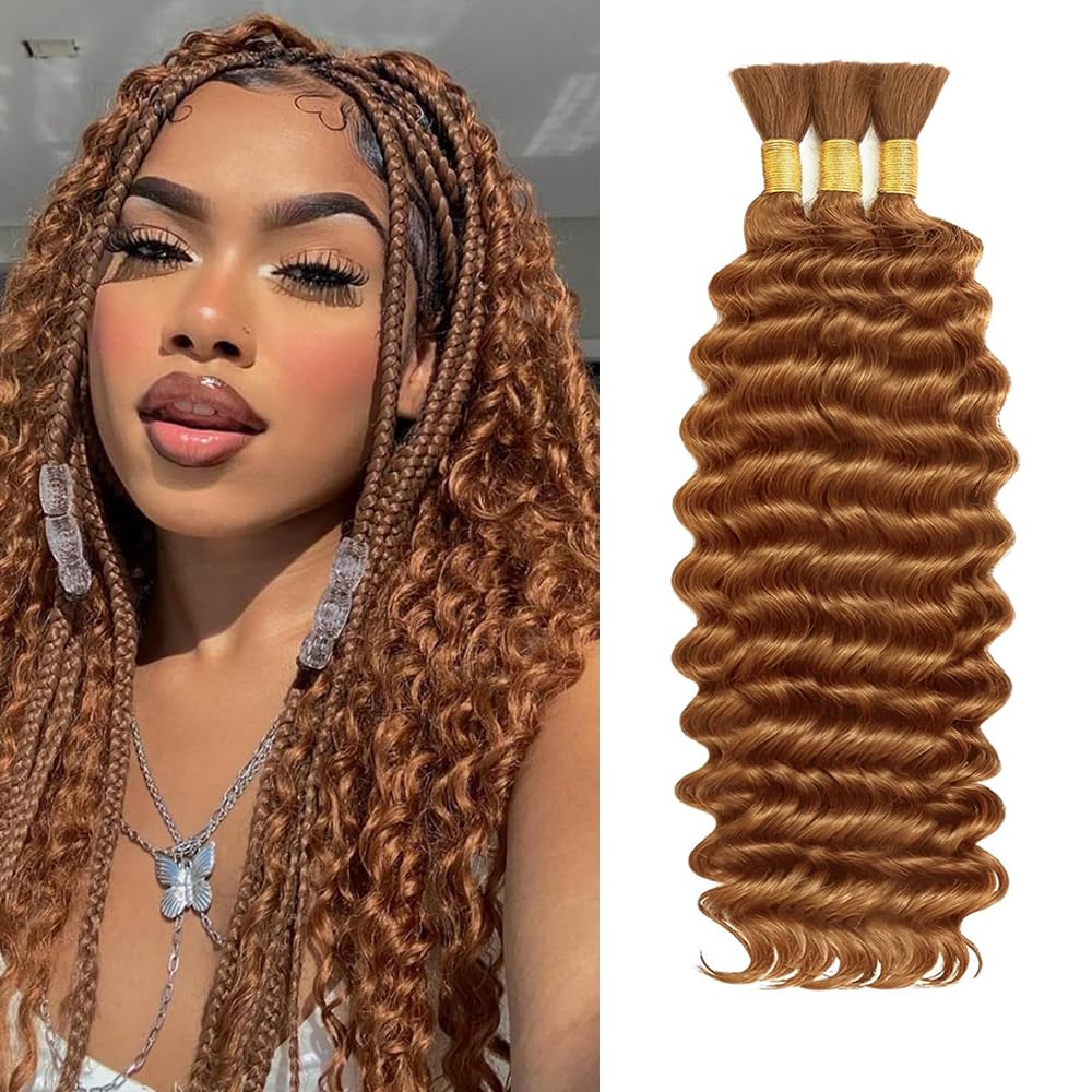 #30 Human Braidng Hair for Boho Braids 24 24 24 Inch Brown Deep Wave Bulk Human Hair for Braiding 10A Deep Wave Bulk 3 Bundles 150g