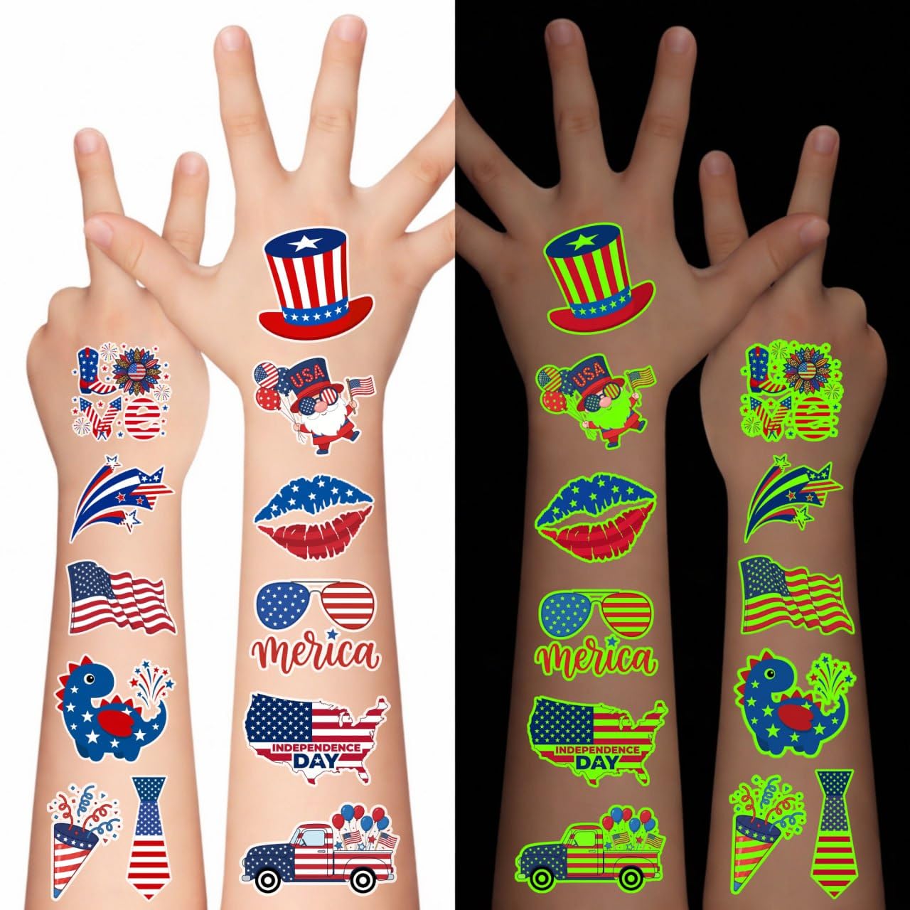 105PCS 4th of July Temporary Tattoos | Patriotic USA Flag Stickers for Kids & Adults - Red, White & Blue Party Favors