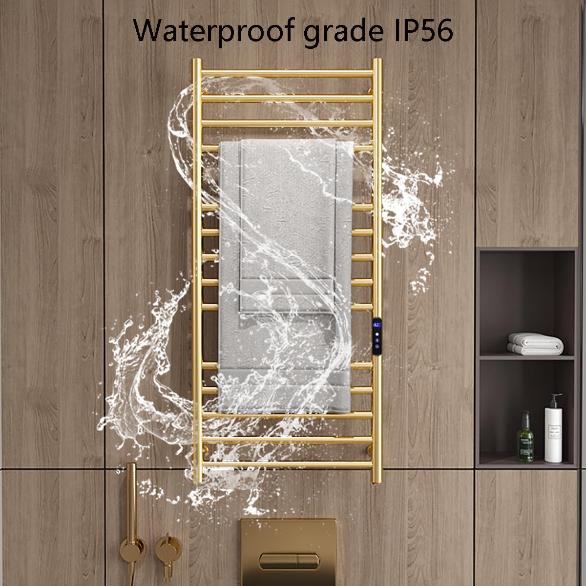 Gold Wall Mounted Heated Towel Rack,Gold Towel Warmers Rack for Bathroom, Timer & Temperature Control Electric Towel Drying Rack (14 Bars Brushed Gold A, Hardwired)