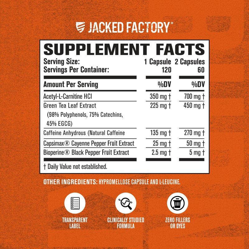 Jacked Factory Burn-XT Clinically Studied Fat Burner & Weight Loss Supplement - Appetite Suppressant & Energy Booster - with Acetyl L-Carnitine, Green Tea Extract and More - 120 Natural Diet Pills