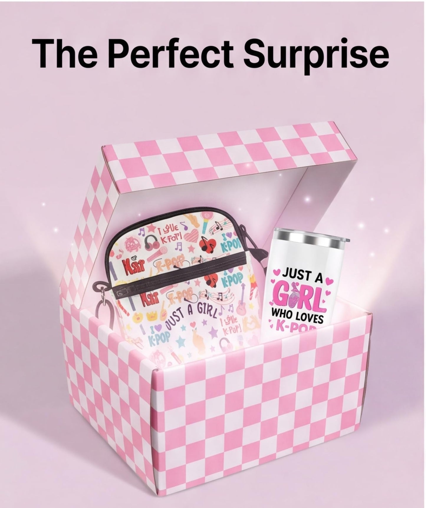 K-Pop Gift Set for Girls - 4-in-1 Bundle Includes 20oz Vacuum Insulated Tumbler, Crossbody Phone Bag, Makeup Pouch, and Aesthetic Cotton Socks - Trendy Korean Idol Style Merchandise Fans Gifts Bundle