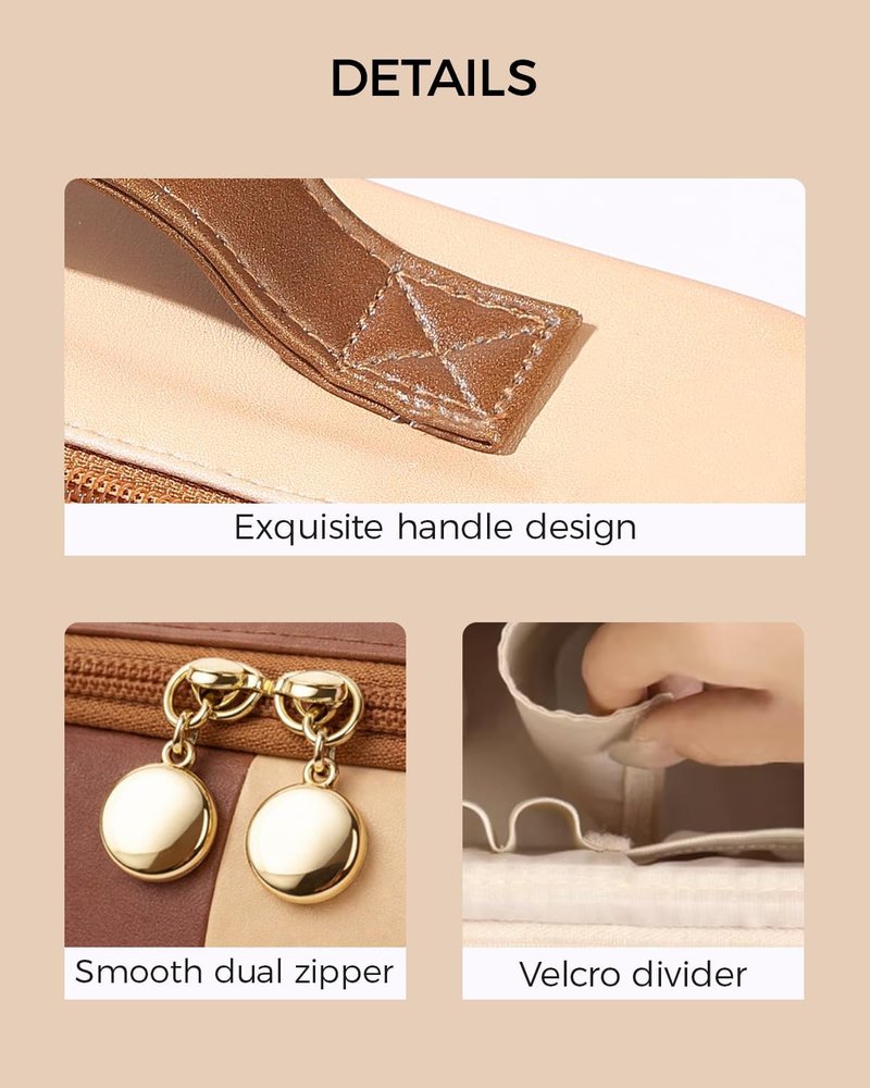 Large Makeup Bag - Sturdy PU Leather Cosmetic Organizer with Fold-Down Phone Tray | Waterproof Travel Toiletry Case, 9.5 Inch, Brown