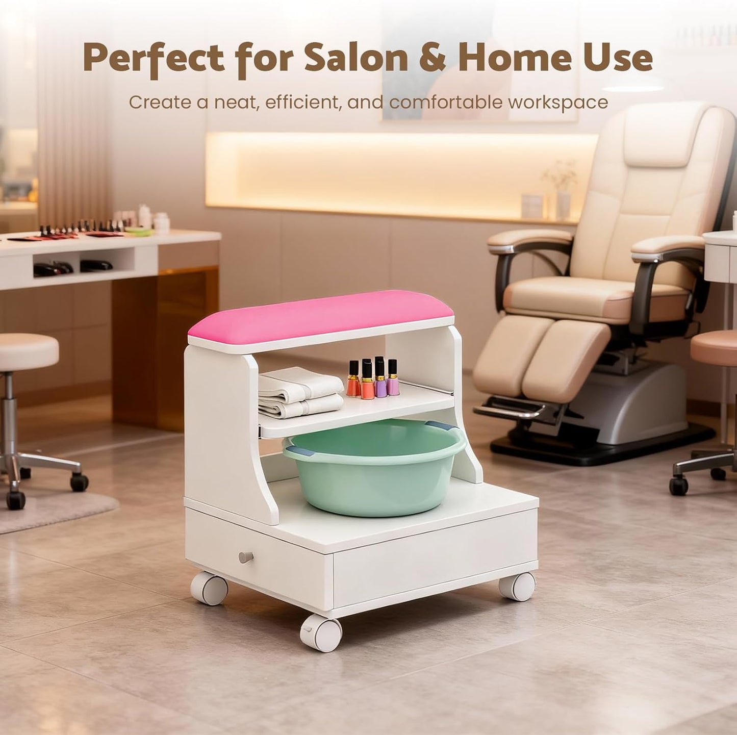 Rolling Pedicure Foot Rest Stool - PU Cushion Spa Station with Storage & Wheels | Pink
