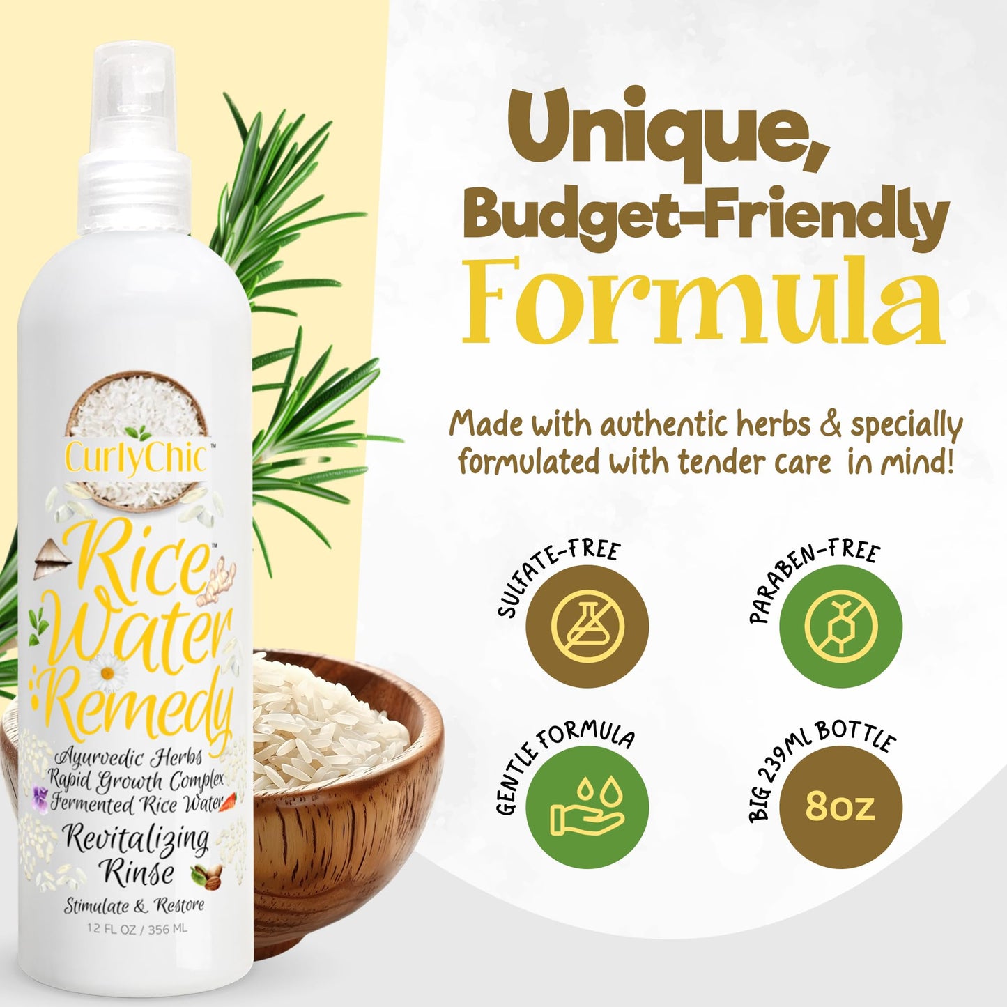 Curly Chic Rice Water Remedy Revitalizing Hair Rinse - Anti-Breakage & Strengthener, Ayurvedic Herbs, Nourishing Conditioner for All Hair Types - Sulfate, Paraben & Mineral Oil Free - 8 fl oz