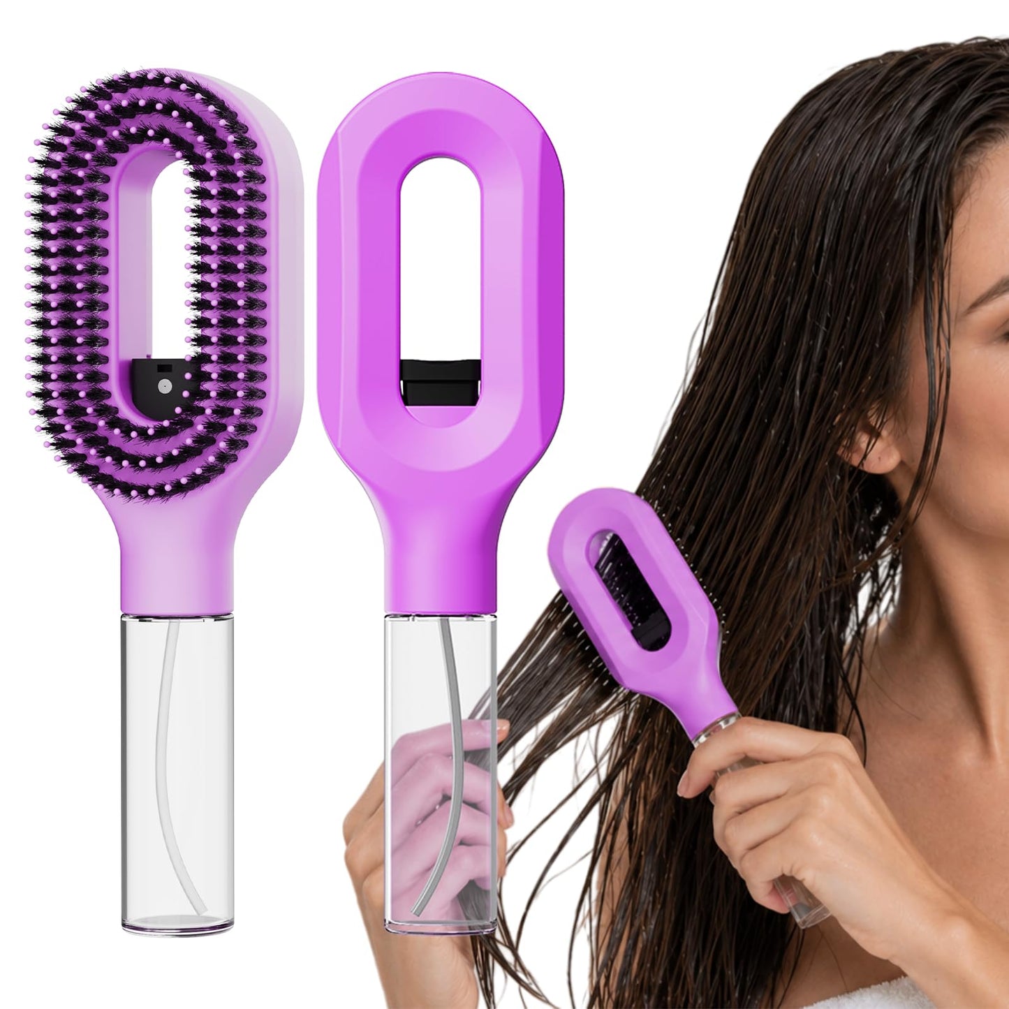 Misting Detangling Hair Brush for Curly & Wavy Hair, Fine Continuous Spray Hair Brush for Frizz Control, Curl Refresh & Flyaway Smoothing, Wet or Dry Hair Styling Brush, Purple