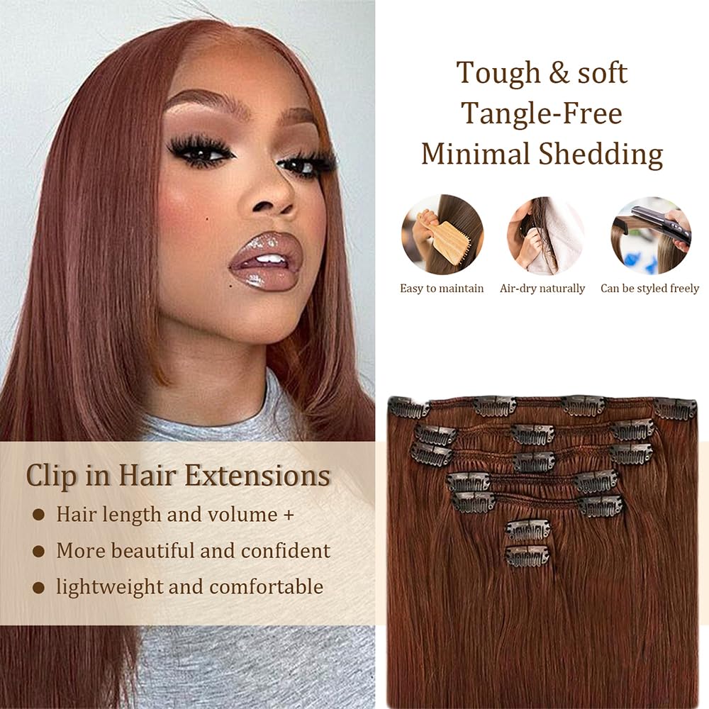 Reddish Brown Clip in Hair Extensions Real Human Hair, 30 Inch 120g/7Pcs,#33 Auburn Brown Remy Human Hair,Copper Straight Clip ins Brazilian Virgin Human Hair Extensions