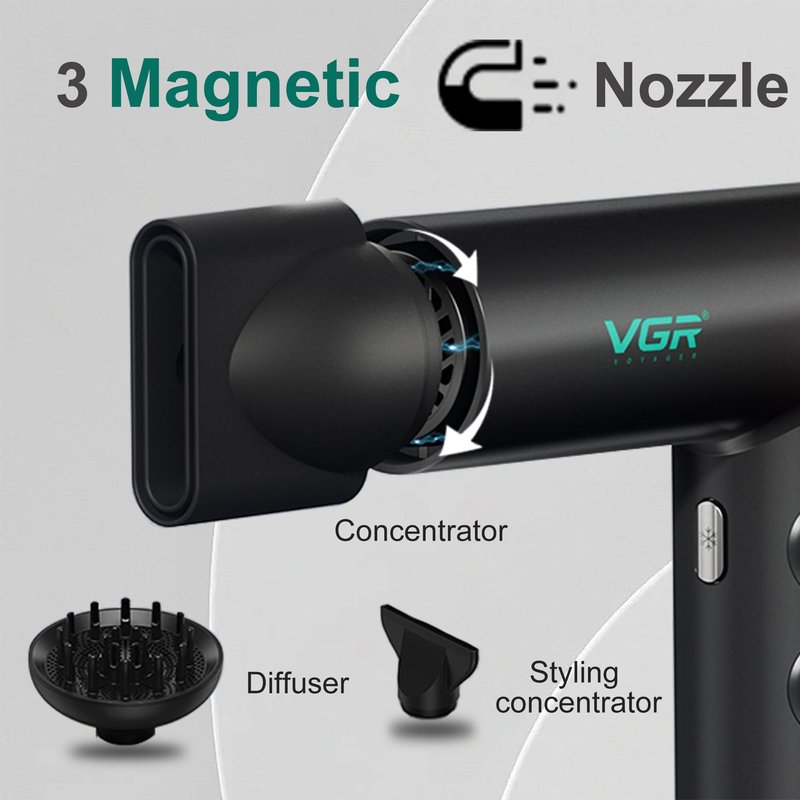 VGR 401 Negative Ionic Hair Dryer, Professional BLDC Motor Blow Dryer for Fast Drying, LED Display Low Noise Thermo and RPM-Control Hairdryer, Travel with Magnetic 1 Diffuser & 2 Nozzle, Black