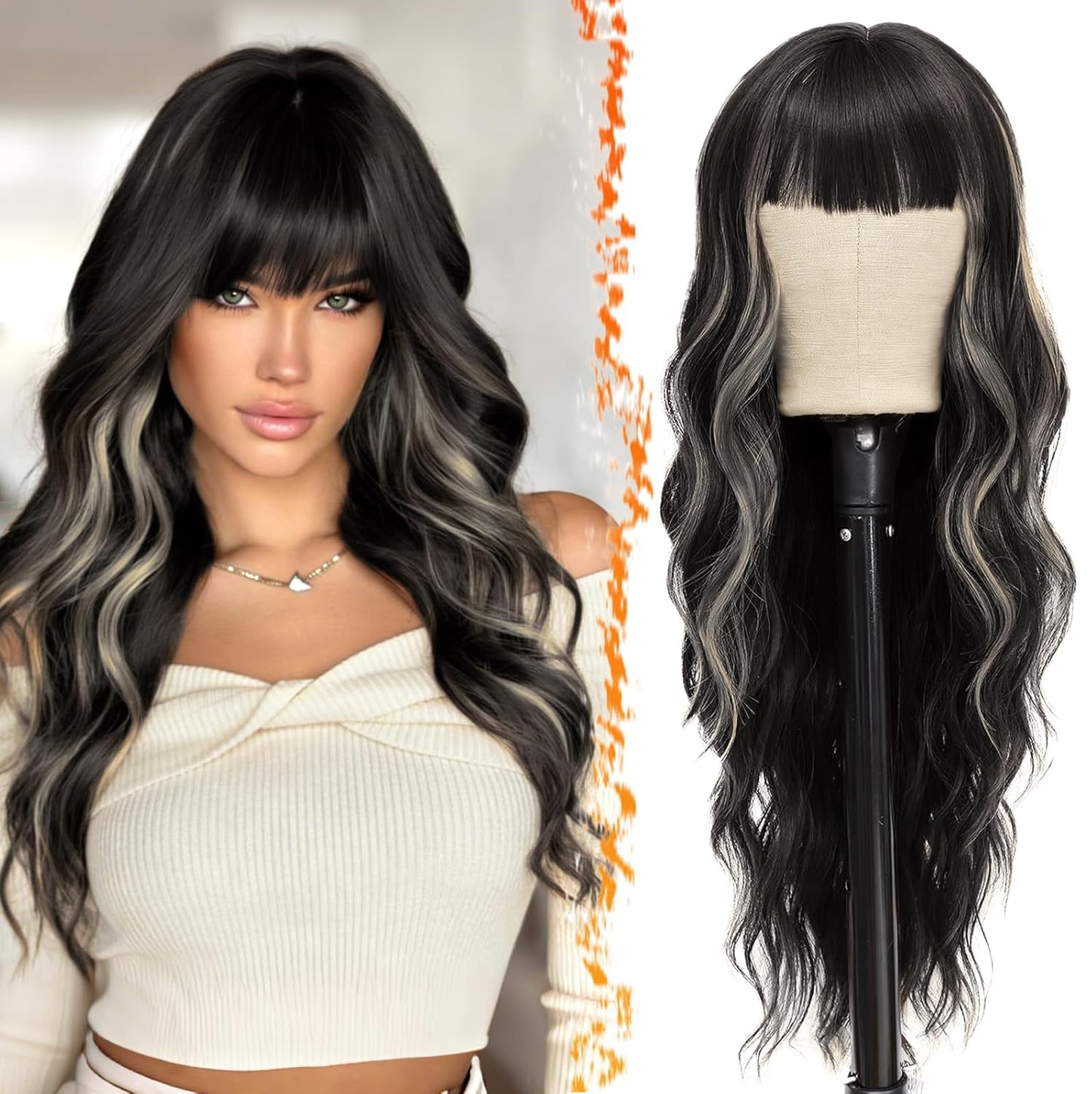 Long Wavy Blonde Curtain Bangs Wig - 26" Synthetic Ombre Wig with Dark Roots | Soft Natural Look