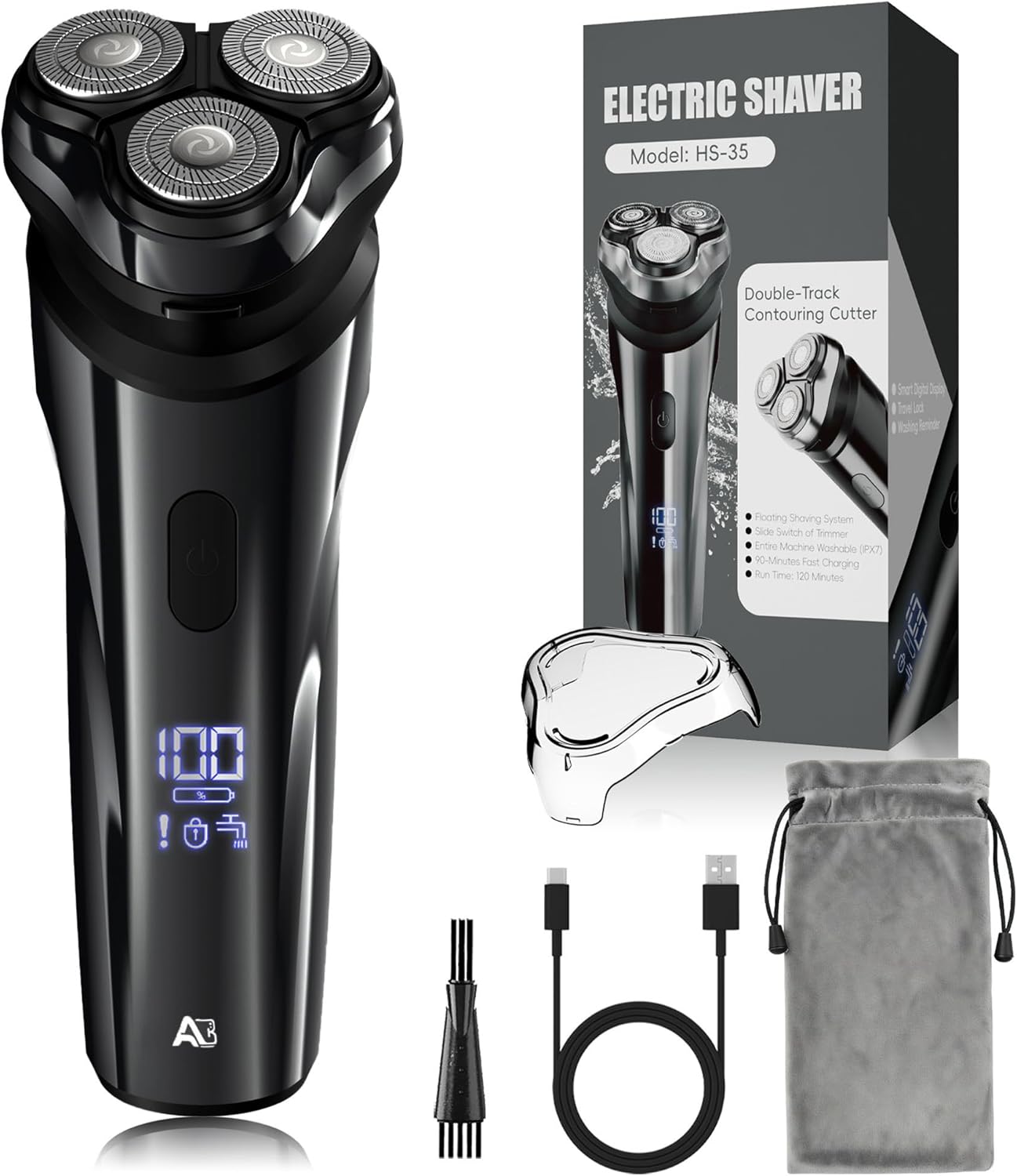 Rechargeable Electric Shaver for Men - IPX7 Waterproof Rotary Razor with 4D Floating Head | Travel-Friendly, Cloudy Grey